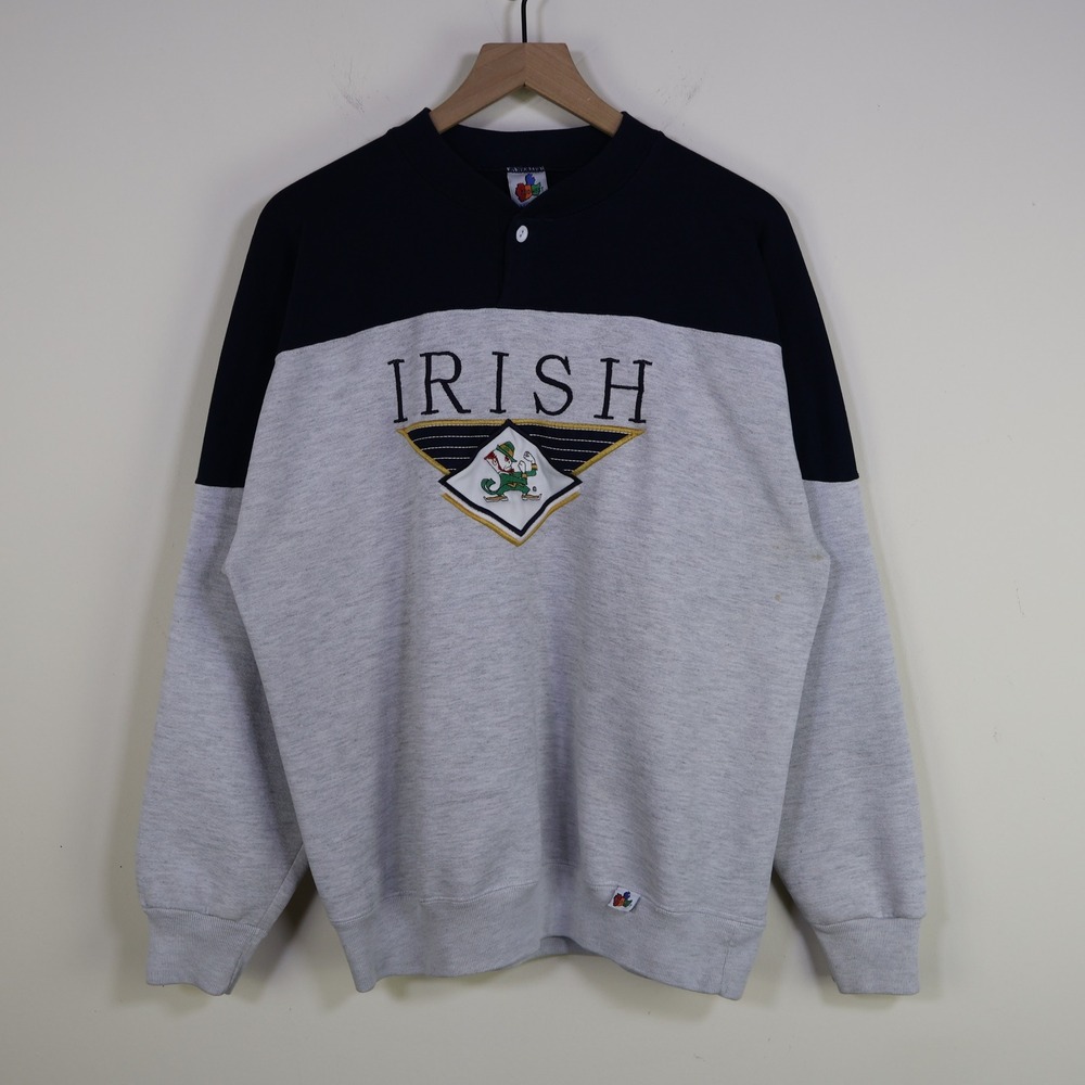 Vintage 90s Notre Dame Irish Henley Sweatshirt XL Embroidered Colorblock Gray